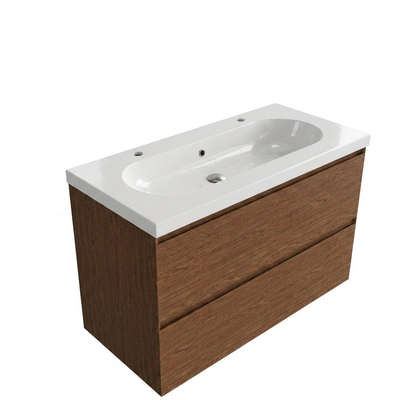 Saniclass Holz Pure Ensemble de meuble de salle de bains - 100x45x63.5cm - lavabo Palermo en céramique blanc - 1 vasque - 2 trous de robinetterie - 2 tiroirs - walnut pure mat (bois)