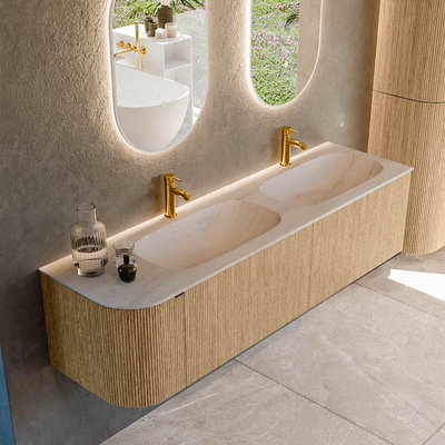 MONDIAZ KURVE-DLUX 165cm meuble de salle de bains arrondi Gauche couleur Chêne avec 2 tiroirs et 1 porte. Lavabo STOR SMALL Double / Droite 2 trous de robinet Meli.