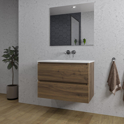 Saniclass Chaci Badkamermeubelset - 80x46x55cm - keramische wastafel wit - 1 wasbak - zonder kraangaten - 2 lades - rechthoekige spiegel - noten (hout)