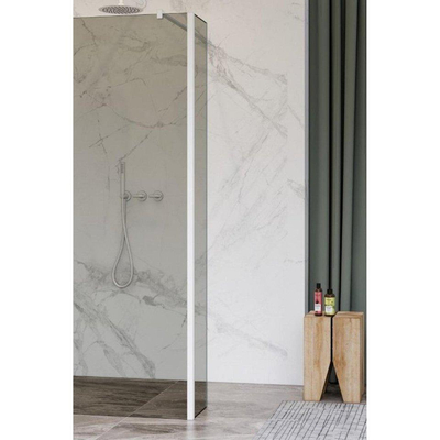 FugaFlow Eccelente Vetro zijwand - 40x200cm - rookglas - 8mm - met hoekprofiel - mat wit -