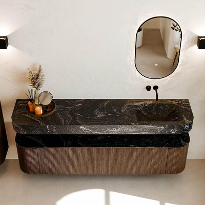 MONDIAZ THOR-DLUX 190cm badmeubel ronding links + rechts kleur Walnut met 2 lades en 2 deuren. Vrijhangende wastafel CLOUD Rechts zonder kraangat kleur Lava.