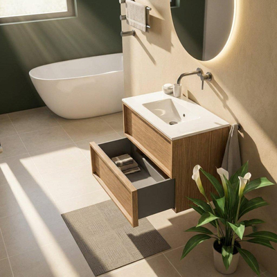 Saniclass Holz Frame Ensemble de meubles de salle de bains - 80x45x62cm - lavabo Vygo en céramique blanc - 1 vasque - sans trou de robinet - 2 tiroirs - chêne naturel mat (bois)