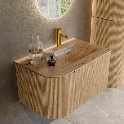 MONDIAZ KURVE-DLUX 75cm badmeubel ronding Links kleur Oak met 1 lade en 1 deur. Wastafel GRUNNE Rechts 1 kraangat Arena.