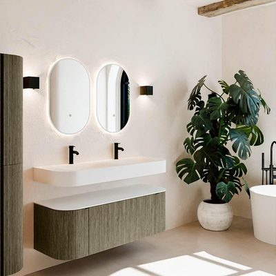 MONDIAZ THOR 130cm meuble de salle de bains arrondi gauche + droite couleur Shadow avec 1 tiroir et 2 portes. Vasque suspendue CLOUD Double 2 trous de robinet couleur Talc.