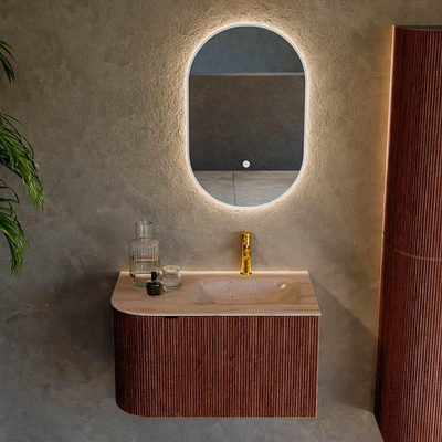 MONDIAZ KURVE-DLUX 75cm badmeubel ronding Links kleur Ruby met 1 lade en 1 deur. Wastafel GRUNNE Rechts 1 kraangat Saba.