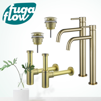 FugaFlow Eccelente Sobrado Badkamer Slim Wastafelkraanset - voor dubbele wastafel - verhoogde wastafelkraan - klikwaste plug - design sifon - PVD Geborsteld Messing