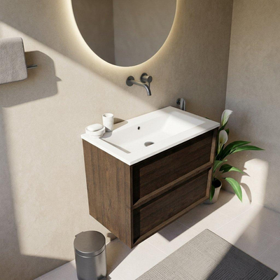 Saniclass Holz Frame Ensemble meuble de salle de bains - 80x45x77.5cm - lavabo Torino en solid surface blanc - sans trou de robinetterie - 2 tiroirs - chêne charcoal mat (bois)