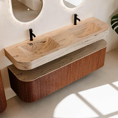 MONDIAZ THOR-DLUX 160cm meuble de salle de bains arrondi gauche + droite couleur Ruby avec 1 tiroir et 2 portes. Vasque suspendue CLOUD Double 2 trous de robinet couleur Arena.