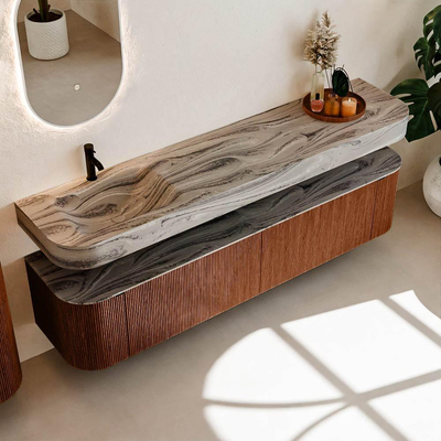 MONDIAZ THOR-DLUX 200cm meuble de salle de bains arrondi gauche + droite couleur Ruby avec 2 tiroirs et 2 portes. Vasque suspendue CLOUD Gauche 1 trou de robinet couleur Sombra.