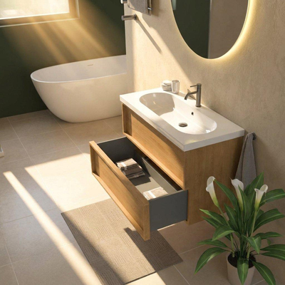 Saniclass Holz Frame Ensemble meuble de salle de bains - 100x45x63.5cm - lavabo en céramique Palermo blanc - 1 vasque - 1 trou de robinetterie - 2 tiroirs - chêne natural mat (bois)