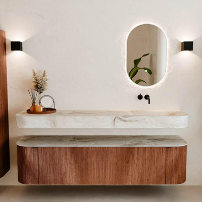 MONDIAZ THOR-DLUX 180cm meuble de salle de bains arrondi gauche + droite couleur Ruby avec 2 tiroirs et 2 portes. Vasque suspendue CLOUD Droite sans trou de robinet couleur Frappe.