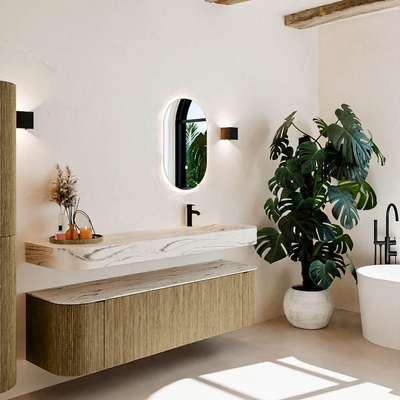 MONDIAZ THOR-DLUX Meuble de salle de bains 170cm arrondi gauche + droite couleur Dusk avec 1 tiroir et 2 portes. Vasque suspendue CLOUD Droite 1 trou de robinet couleur Nata.