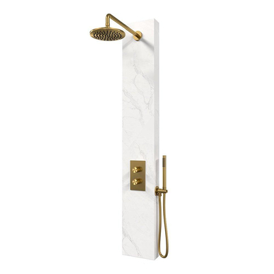 BRAUER Gold Edition panneau de douche thermostatique - 2 fonctions - calacatta gold SET 01 - douche de tête 20 cm - bras mural courbé - douchette barre - coude de raccordement mural - flexible de douche - or brossé PVD