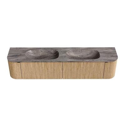 MONDIAZ KURVE-DLUX Meuble de salle de bains 200cm arrondi gauche + droite couleur Oak avec 2 tiroirs et 2 portes. Lavabo STOR SMALL Double sans trou de robinet Oza.