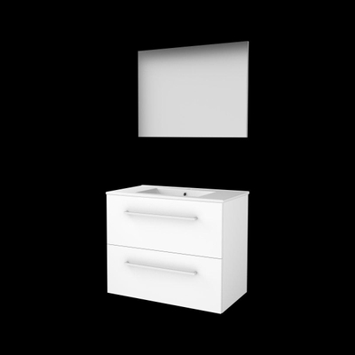 Basic-Line Basic 46 ensemble de meubles de salle de bain 80x46cm avec poignées 2 tiroirs lavabo en porcelaine 1 trou pour robinet miroir mdf laqué blanc glacier