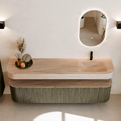 MONDIAZ THOR-DLUX Meuble de salle de bains 190cm arrondi gauche + droite couleur Shadow avec 2 tiroirs et 2 portes. Vasque suspendue CLOUD Droite 1 trou de robinet couleur Saba.