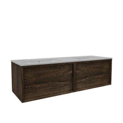 Saniclass Holz Frame Meuble de salle de bain - 140x45x40cm - lavabo en céramique blanc - 2 vasques - sans trous de robinet - 2 tiroirs - Charcoal