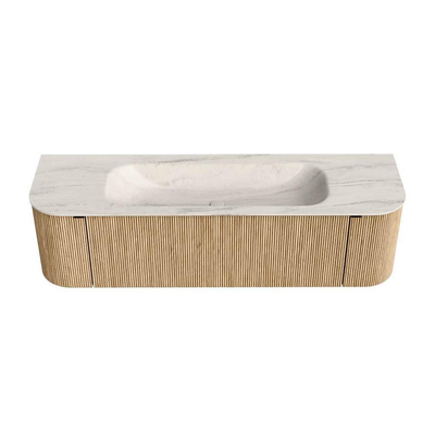 MONDIAZ KURVE-DLUX Meuble de salle de bains 160cm arrondi Gauche + Droite couleur Chêne avec 1 tiroir et 2 portes. Lavabo BIG MEDIUM Central 1 trou de robinet Meli.