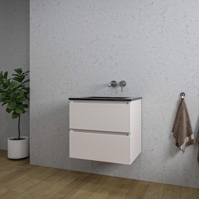 Saniclass Chaci Ensemble meuble de salle de bains - 60x46x55cm - lavabo céramique noir - 1 vasque - sans trou de robinet - 2 tiroirs - cotton mat (beige)