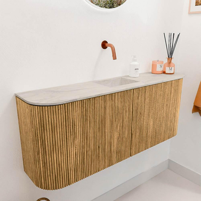 Mondiaz JOYA-DLUX 103.2cm toiletmeubel - ronding links en rechts kleur Oak - Wastafel FAYE positie Midden Zonder kraangat kleur Ostra.