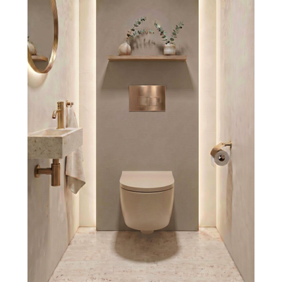 QeramiQ Dely Swirl Toiletset - 36.3x51.7cm - Geberit UP720 Duofix Sigma inbouwreservoir - 35mm zitting - koperen bedieningsplaat - rechthoekige knoppen - mat beige
