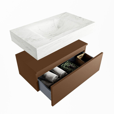 Mondiaz ALAN-DLUX Ensemble de meuble - 80cm - meuble Rust mat - 1 tiroir - Lavabo Cloud Opalo suspendu - vasque Centre - 1 trou de robinet