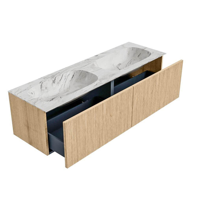 MONDIAZ KURVE-DLUX 150cm meuble de salle de bains couleur Oak avec 2 tiroirs. Plan vasque STOR SMALL double sans trou de robinet couleur Glace.