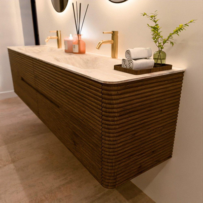 Mondiaz CIRO-DLUX Badkamermeubelset - 190x45x50cm - Solid surface wastafel Frappe - 2 wasbak Dubbel - 2 kraangaten - 4 lades - Dusk