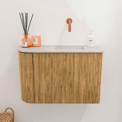 Mondiaz JOYA-DLUX 61.6cm toiletmeubel - ronding links kleur Oak - Wastafel FAYE positie Rechts Zonder kraangat kleur Ostra.