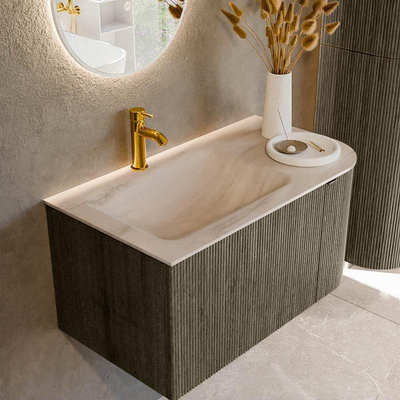 MONDIAZ KURVE-DLUX 85cm badmeubel ronding Rechts kleur Shadow met 1 lade en 1 deur. Wastafel CLOUD Links 1 kraangat Meli.