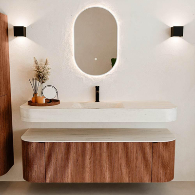 MONDIAZ THOR-DLUX 150cm meuble de salle de bains arrondi gauche + droite couleur Ruby avec 1 tiroir et 2 portes. Vasque suspendue CLOUD Milieu 1 trou de robinet couleur Meli.