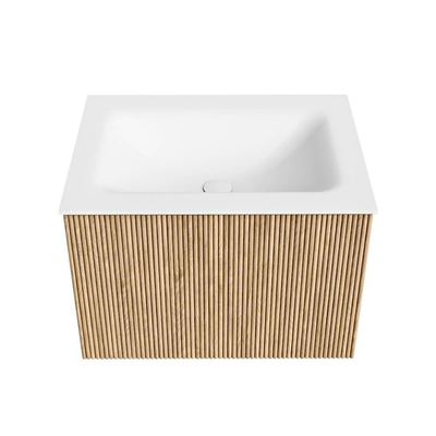MONDIAZ KURVE Meuble de salle de bains 60 cm couleur Oak avec 1 tiroir. Lavabo CLOUD central sans trou de robinet Talc.