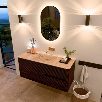 Mondiaz CIRO-DLUX Ensemble de meubles de salle de bains - 120x45x50cm - Plan-vasque solid surface Arena - 1 vasque au milieu - sans trous de robinetterie - 2 tiroirs - Noyer