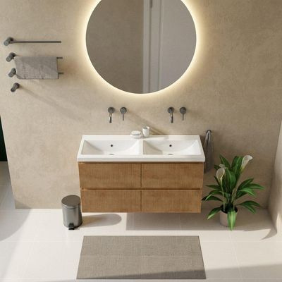 Saniclass Holz Atelier Ensemble de meubles de salle de bains - 120x45x63.5cm - Bari lavabo en céramique blanc - 2 vasques - sans trous de robinet - 2 tiroirs - chêne naturel mat (bois)