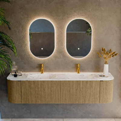 Mondiaz KURVE-DLUX Badkamermeubelset - 180x46x40cm - 2 lade - 2 deuren - wastafel solid surface - dubbel - 2 kraangaten - Dusk