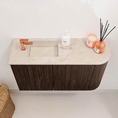 Mondiaz JOYA-DLUX 71.6cm meuble de toilette - arrondi droit couleur Noyer - Vasque FAYE position Gauche 1 trou de robinet couleur Frappe.
