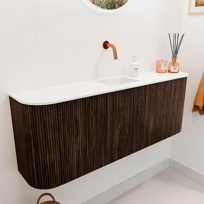 Mondiaz JOYA 113.2cm toiletmeubel - ronding links en rechts kleur Walnut - Wastafel FAYE positie Midden Zonder kraangat kleur Talc.