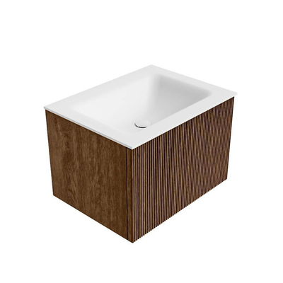 MONDIAZ KURVE 60cm Meuble salle de bain - couleur Walnut - 1 tiroir - vasque CLOUD centre - sans trous de robinet - Talc