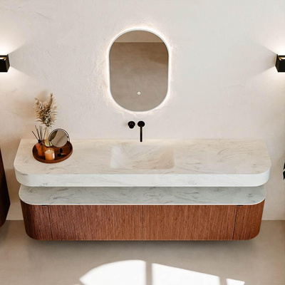 MONDIAZ THOR-DLUX 200cm meuble de salle de bains arrondi gauche + droite couleur Ruby avec 2 tiroirs et 2 portes. Vasque suspendue CLOUD Milieu sans trou de robinet couleur Opalo.