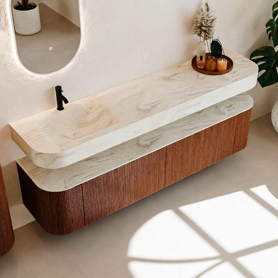 MONDIAZ THOR-DLUX 190cm meuble de salle de bains arrondi gauche + droite couleur Ruby avec 2 tiroirs et 2 portes. Vasque suspendue CLOUD Gauche 1 trou de robinet couleur Ostra.