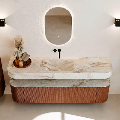 MONDIAZ THOR-DLUX 180cm meuble de salle de bains arrondi gauche + droite couleur Ruby avec 2 tiroirs et 2 portes. Vasque suspendue CLOUD Centre sans trou de robinet couleur Frappe.