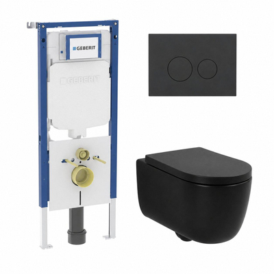 QeramiQ Dely Swirl Pack WC - 36.3x51.7cm - réservoir encastré Geberit UP720 Duofix Sigma - abattant mince - plaque de déclenchement mat anthracite - boutons ronds - mat noir
