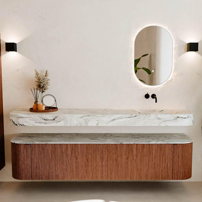 MONDIAZ THOR-DLUX 200cm meuble de salle de bains arrondi gauche + droite couleur Ruby avec 2 tiroirs et 2 portes. Vasque suspendue CLOUD Droite sans trou de robinet couleur Glace.