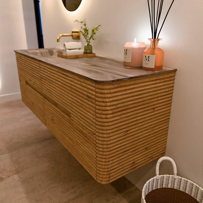 Mondiaz CIRO-DLUX Badkamermeubelset - 150x45x50cm - Solid surface wastafel Sombra - 1 wasbak Links - zonder kraangaten - 4 lades - Oak