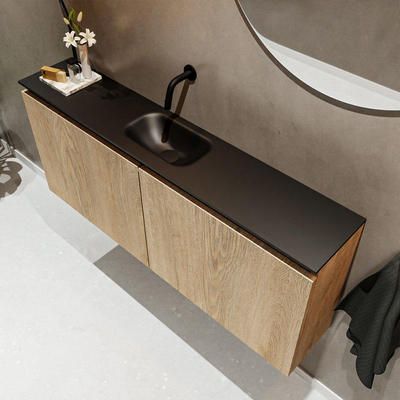 MONDIAZ TURE Fonteinset - 120x23x50cm - 0 kraangaten - 2 deuren - washed oak mat - Wasbak midden - Solid Surface Zwart