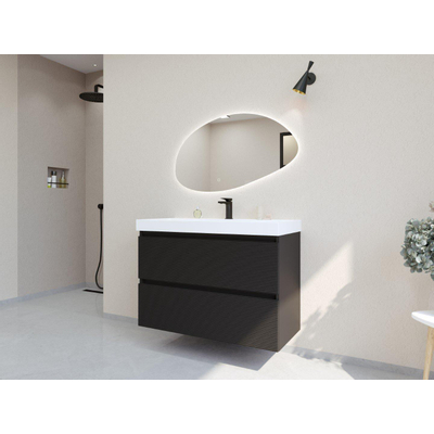 HR badmeubelen Infinity XXL 3D Ensemble meuble de salle de bains - 100 cm - 1 lavabo en céramique just blanc - 1 trou de robinet - 2 tiroirs - noir mat