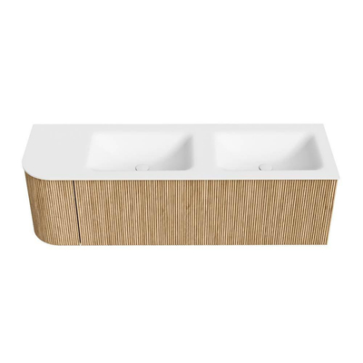 MONDIAZ KURVE 145cm Meuble salle de bain avec module 25 G - couleur Oak - 1 tiroir - 1 porte - vasque CLOUD double / droite - 2 trous de robinet - Talc