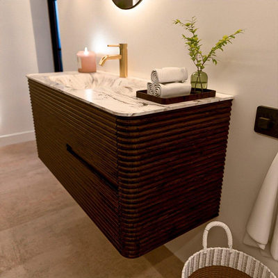 Mondiaz CIRO-DLUX Meuble de salle de bains - 110x45x50cm - Plan vasque solid surface Glace - 1 lavabo à gauche - 1 trou de robinet - 2 tiroirs - Noyer