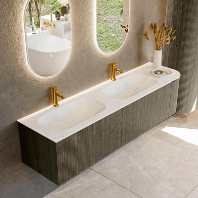 Mondiaz KURVE-DLUX Ensemble de meuble salle de bain - 175x46x40cm - 2 tiroirs - 1 porte - lavabo en solid surface - double / gauche - 2 trous de robinet - Shadow