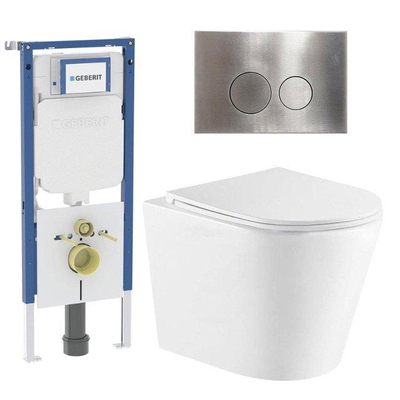 QeramiQ Dely Toiletset - 36.3x51.7cm - diepspoel - rimless - Geberit UP720 inbouwreservoir - softclose toiletzitting - steel bedieningsplaat - ronde knoppen - wit mat